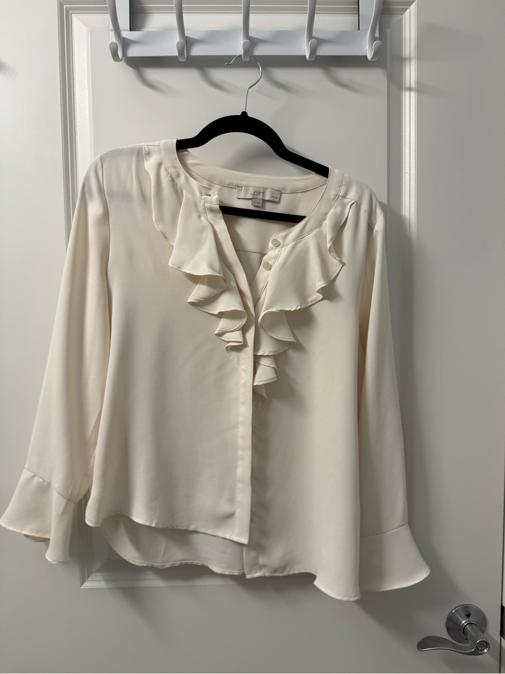 LOFT Cream Ruffle-Front Long Sleeve Blouse